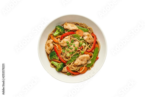 Stir fried chicken noodles with peppers and broccoli.