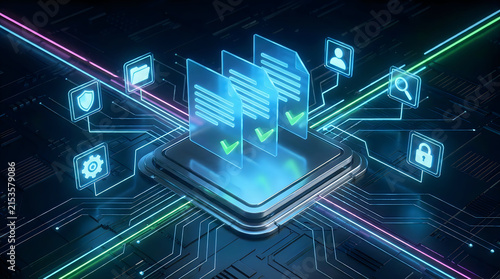 Digital data compliance documents on microchip background with neon glowing circuit lines used for secure information processing and verified digital governance in modern corporate systems.