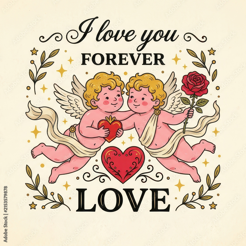 Obraz premium Vintage Style Valentine's Day Illustration with Two Cute Cherubs Holding a Heart and Rose with Romantic Text