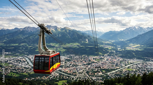 Red Cable Car Over Alpine Valley and Mountain City