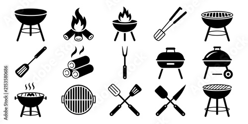 BBQ grill and barbecue tools icon set featuring grilling equipment, sausages, fire flames, cooking utensils, outdoor cooking, barbecue party symbols and editable vector illustrations.