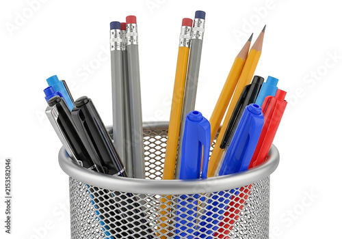 Colorful pens and pencils in a metal desk cup holder