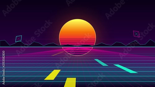 Retro Synthwave Grid Horizon with Glowing Sunset Animation