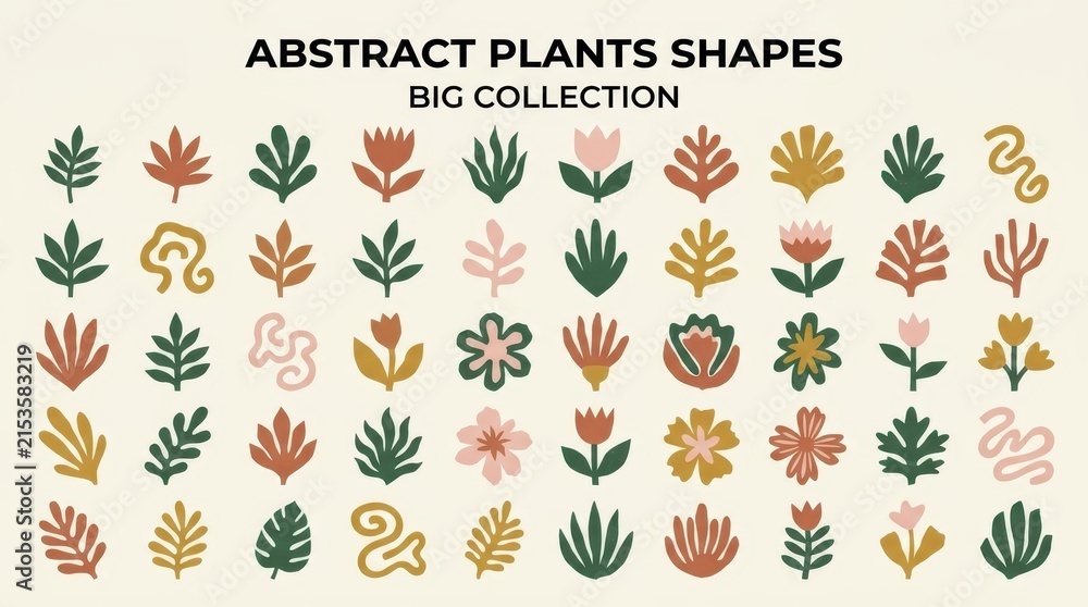 Obraz premium Big Collection of Abstract Minimalist Plant and Leaf Shapes in Earthy Tones for Modern Design Projects