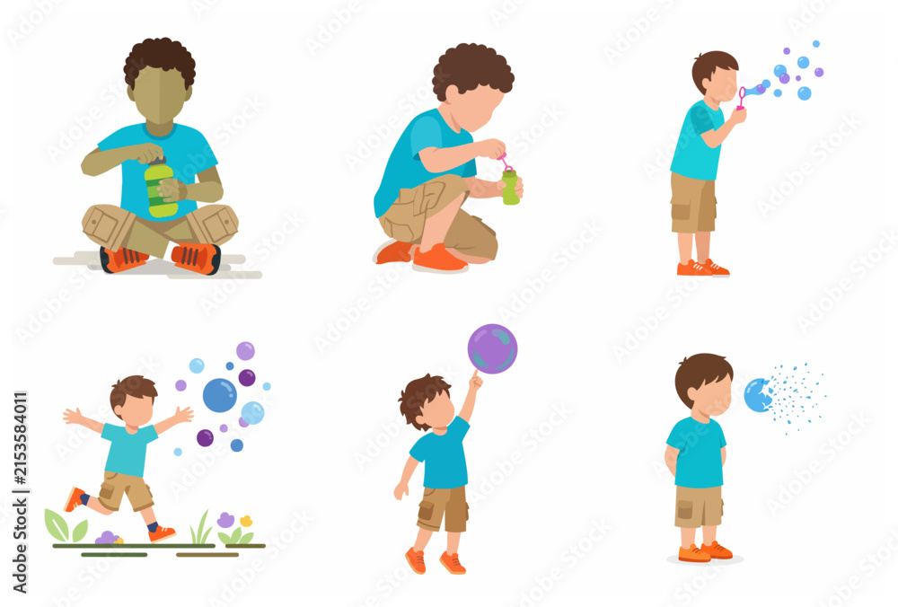 Fototapeta premium Vector illustration set of a young boy playing with soap bubbles, showing various actions like blowing, popping, and chasing.
