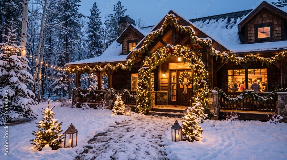 Fototapeta premium Cozy winter wedding lodge illuminated with festive string lights in snowy mountain setting