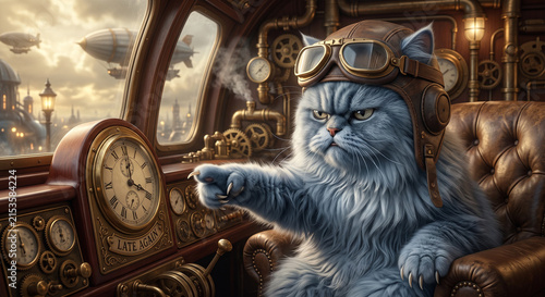 Grumpy Persian cat with frustrated mood pointing at a brass dashboard clock reading 