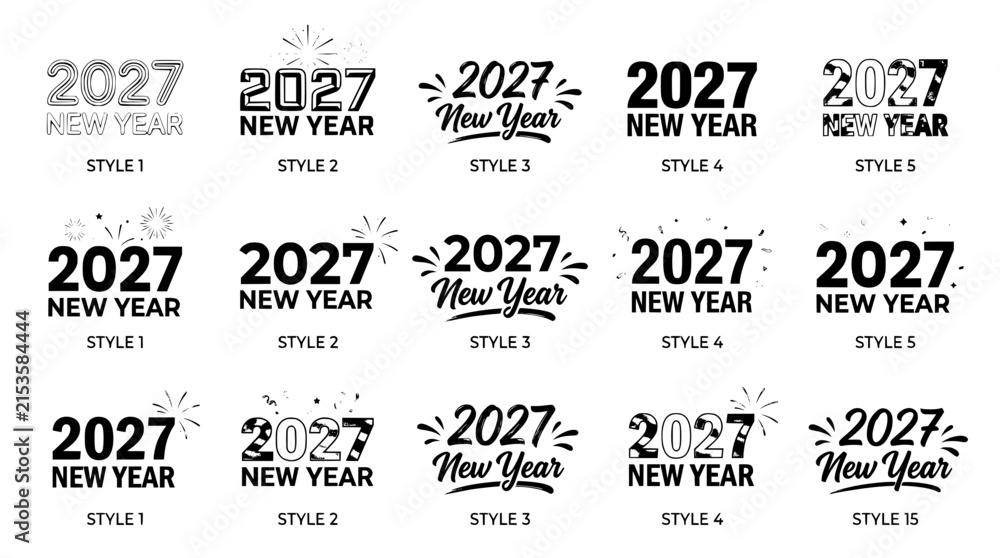 Obraz premium Collection of 2027 New Year typography logos in various graphic styles.2027 Happy New Year Typography Set, 15 Different 2027 Text Styles, Black and White Number Designs, New Year Vector Bundle SVG