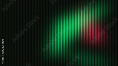Abstract dual green and red light beams on dark vertical striped texture background
