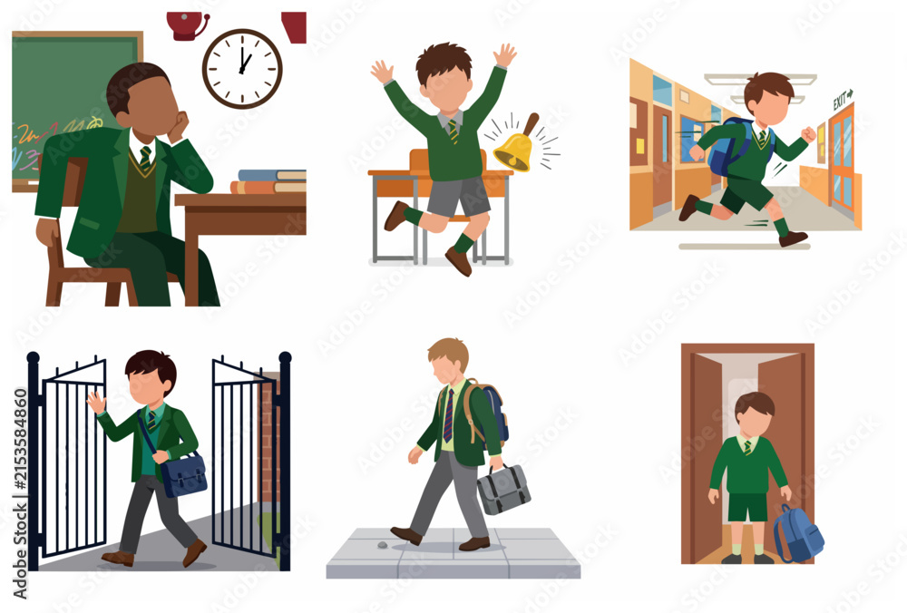 Fototapeta premium Schoolboy Character Set Showing Daily Student Routine Emotions and Activities