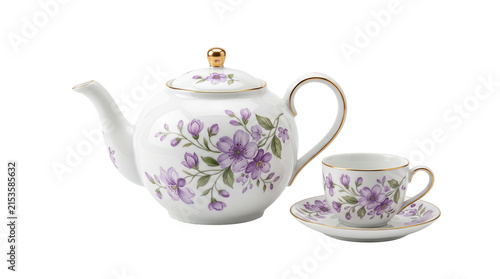 Vintage floral porcelain teapot and teacup set, elegant white ceramic tea service with purple flower pattern, classic gold rimmed pottery isolated PNG with Transparent Background
