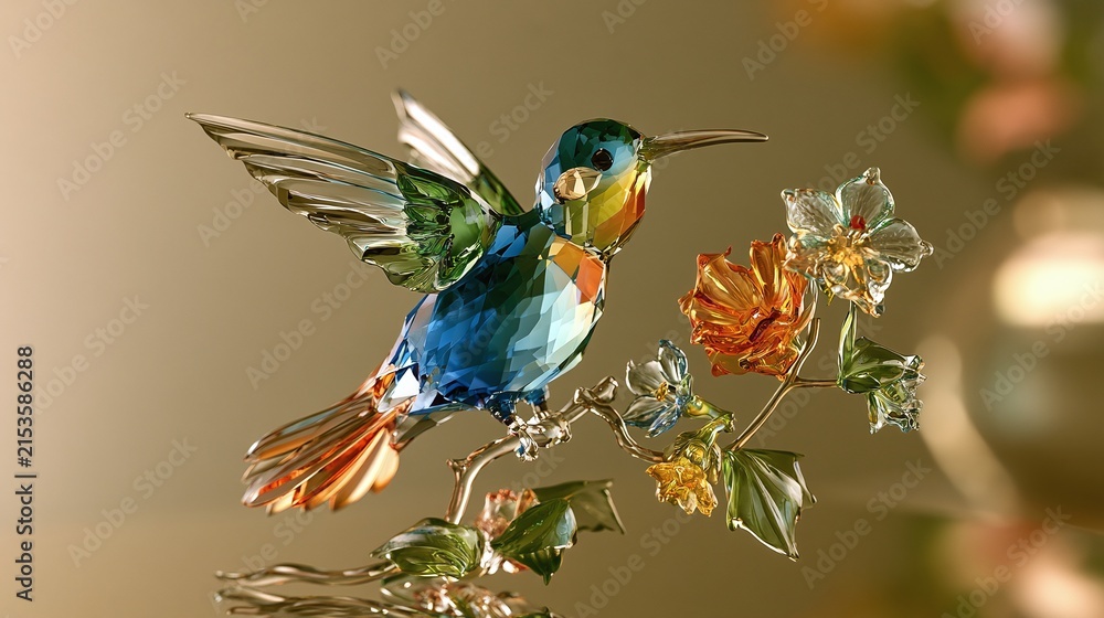 Fototapeta premium A vibrant crystal hummingbird figurine with outstretched wings perches delicately on a branch adorned with intricately crafted glass flowers, showcasing brilliant colors and sparkling facets