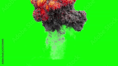 Fuel explosion with fire and smoke on green screen. 3d animation of massive fireball explosion. Fiery bomb blast isolated