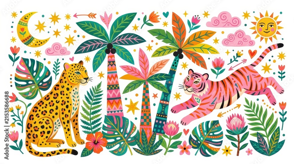 Obraz premium Colorful Folk Art Illustration of Tropical Jungle with Leopard, Pink Tiger, Palm Trees, Sun and Moon