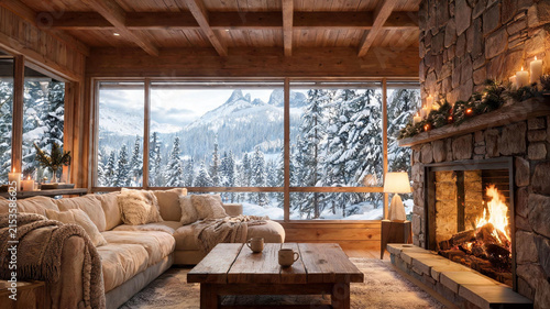 Cozy winter cabin living room with fireplace and snowy mountain view,backdrop, virtual meeting background, ms teams background, zoom meeting backdrop, digital meeting background