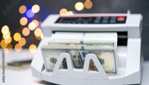 Bill counting machine processing hundred dollar banknotes.