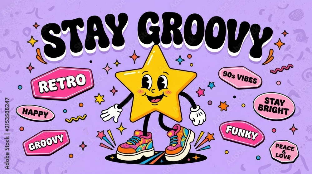 Naklejka premium Vibrant Retro 90s Groovy Star Character Illustration with Positive Quotes and Funky Design Elements