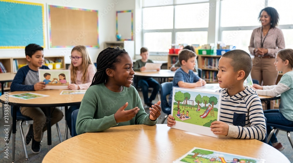 Obraz premium Diverse elementary school students engaged in a lesson with illustrated story cards in a bright classroom setting