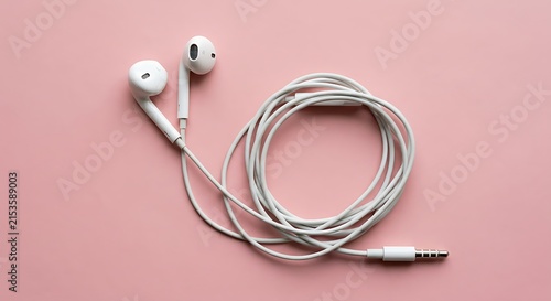 Pair of white wired earphones with a long coiled cable arranged in a circle on a solid light pink background, view, minimal style