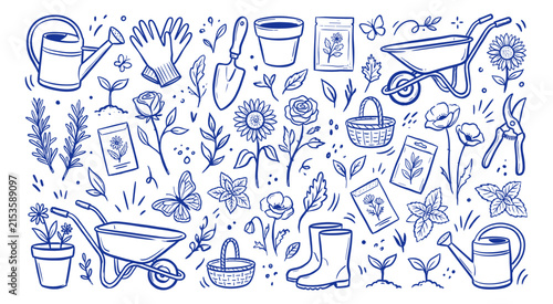 Hand drawn doodle style blue gardening tools, flowers, and plants set on a white background