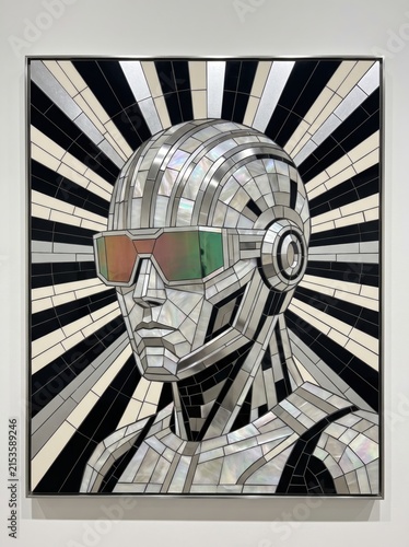Futuristic robot mosaic art, metallic android portrait with sunglasses, silver cyborg wall decor in modern gallery style