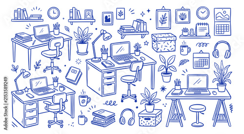 Hand drawn doodle style blue office workspace and desk elements set on a white background