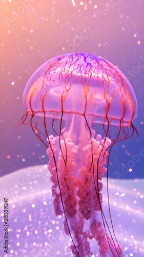 A vibrant purple jellyfish floats gracefully through sparkling bioluminescent water in a dreamy underwater scene.