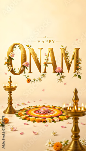 Onam celebration with floral ONAM typography, colorful Pookkalam, pink lotus motifs and traditional brass lamps design