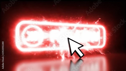 A glowing red neon follow button with a white mouse cursor clicking on a black background.