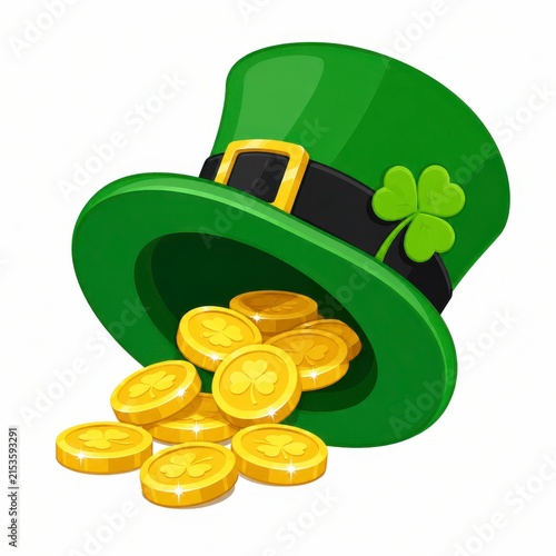 Leprechaun hat with gold coins isolated on white background