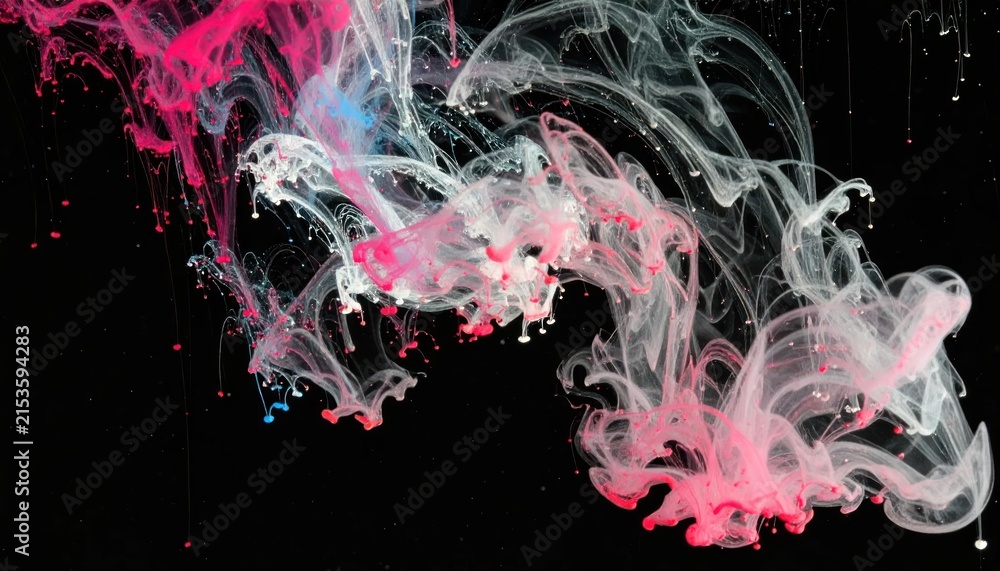Fototapeta premium Delicate pink and white ink swirls on black background.
