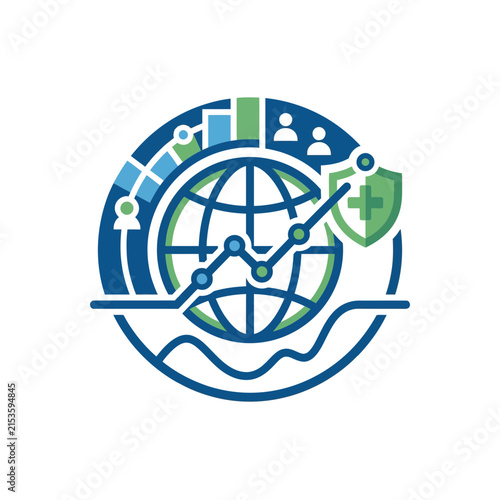 A circular icon showing global data analysis and health protection