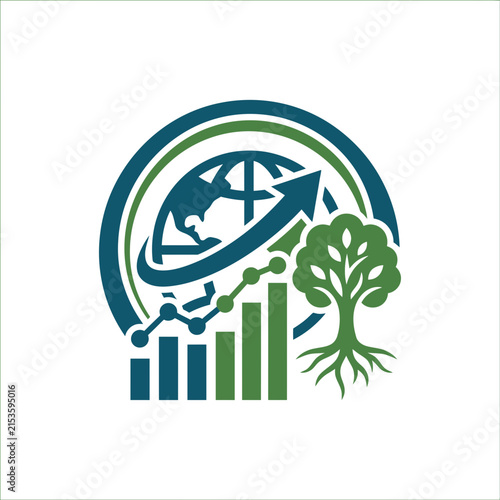 A circular icon showing global growth and environmental sustainability