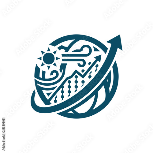 A circular icon showing global growth and environmental weather patterns