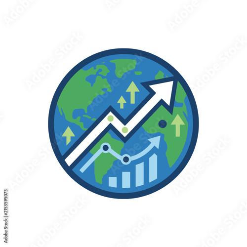 A circular icon showing global growth with rising financial charts