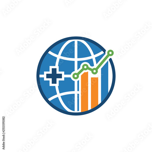 A circular icon showing global health and financial growth trends