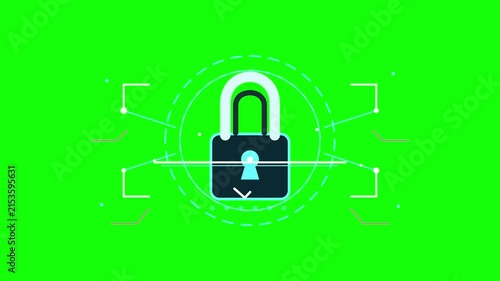 Padlock graphic symbol representing digital security and data protection features interactive HUD targeting lines on green screen.