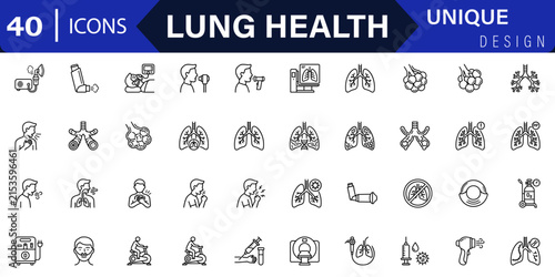 Lung Health Respiratory Medicine and Pulmonary Care Line Icon Set. Includes lungs, inhaler, spirometry, breathing, oxygen, pulmonary disease icons. Vector Icon Collection.