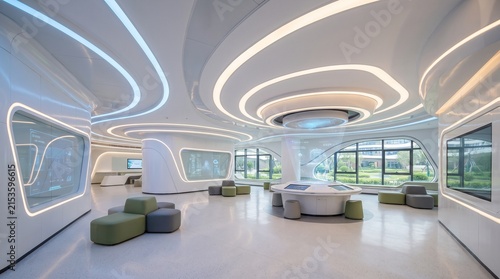 Futuristic interior design with interactive screens and modern furniture in a bright, contemporary space