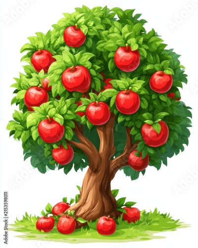 Cartoon apple tree stands tall with bright red apples and green leaves in a sunny orchard surrounded by grass and playful colors.