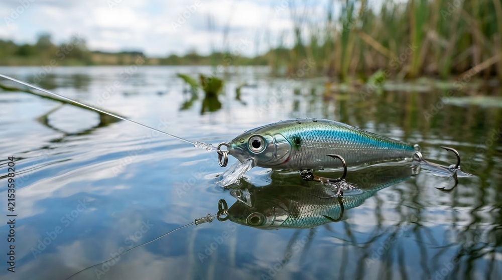 Fototapeta premium Silver and blue fishing lure floating on calm lake water, realistic minnow bait with treble hooks, outdoor sport fishing adventure, Father's Day gift concept, serene nature scene.