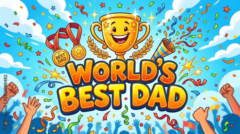 Fototapeta premium World's Best Dad celebratory illustration with golden trophy, winner medals, and colorful confetti. Vibrant Father's Day graphic featuring cheering crowd hands and festive