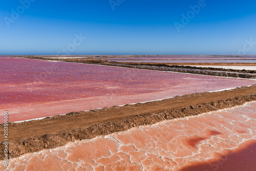 Photography An aerial view shows pink salt flats, water evaporation ponds, and earthen dikes in Walvis Bay, Namibia, under a clear sky