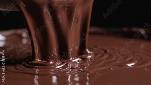 Molten chocolate flowing and pooling in a rich, glossy, decadent cascade