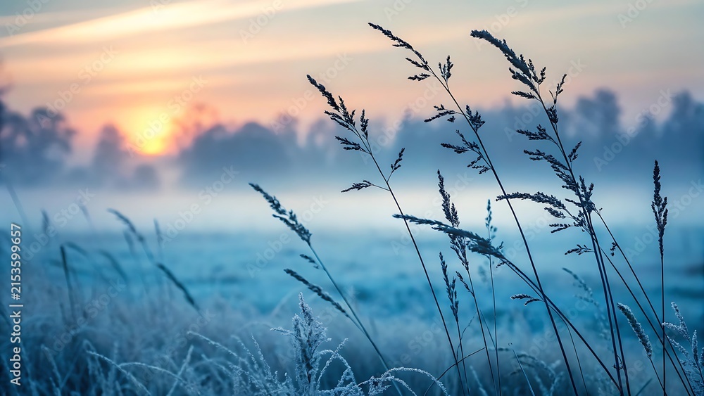 Obraz premium Wild grass stalks in a misty morning field at sunrise, serene nature landscape background.