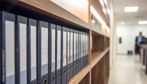 Gray office binders organized on wooden shelves in business archive.