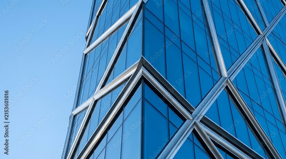 Obraz premium Abstract low angle view of a contemporary skyscraper exterior featuring sharp metallic fins and blue reflective glass