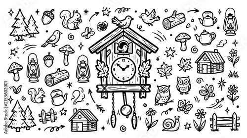 Nature and traditional clock doodles feature animals and cabins.
