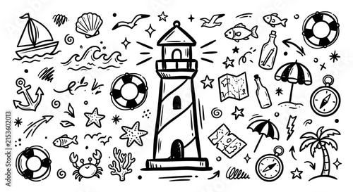 Nautical beach doodle set with lighthouse.