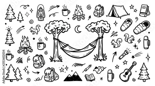 Night camping icons featuring a hanging hammock.